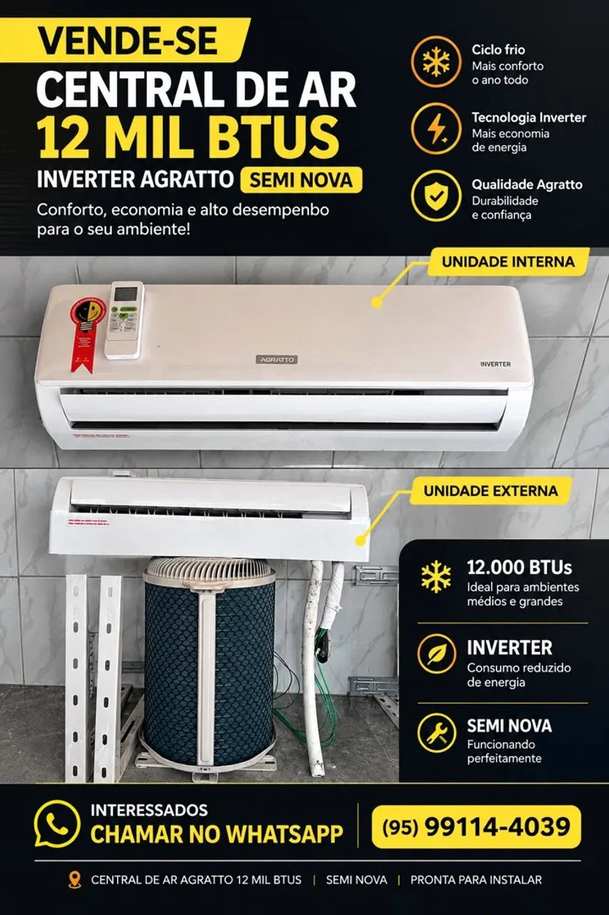 Ar-condicionado split Inverter Agratto de 12.000 BTUs