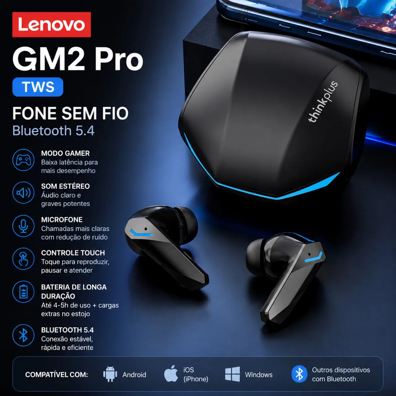 Fone Lenovo GM2 Pro TWS Bluetooth 5.4 Gamer 