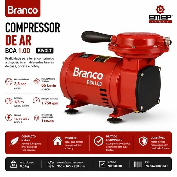 Compressor de Ar Branco BCA 1.0D Bivolt 40 PSI - Foto 2