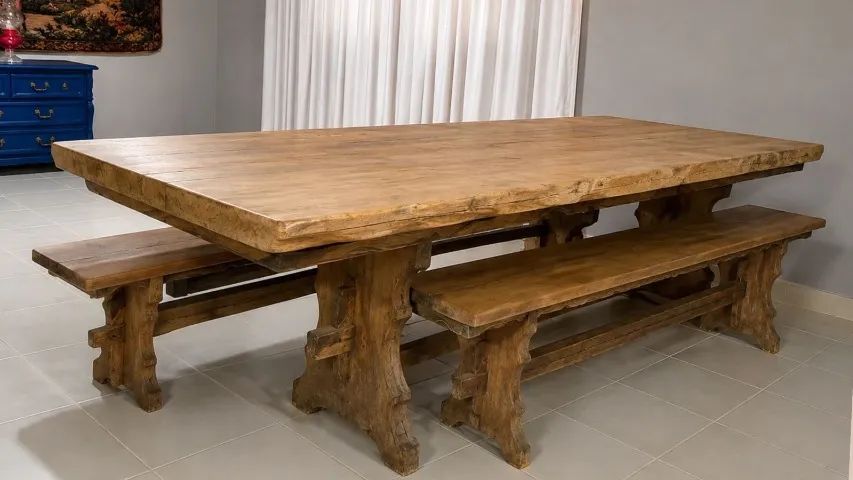 MESA DE MADEIRA COM DOIS BANCOS - Foto 2