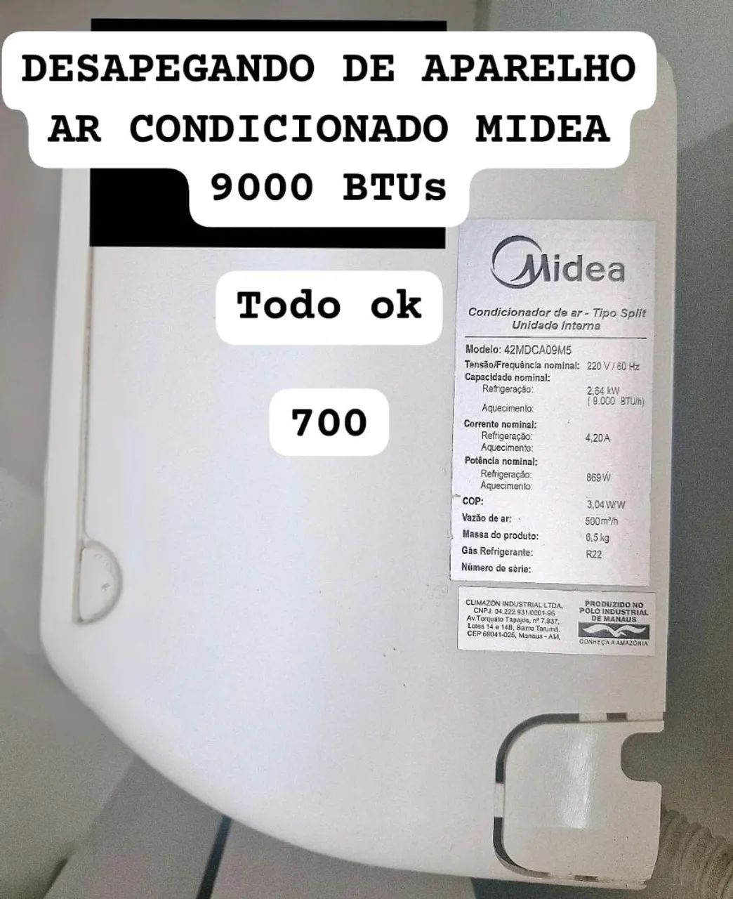 AR CONDICIONADO SPLIT MIDEA 9000BTUs