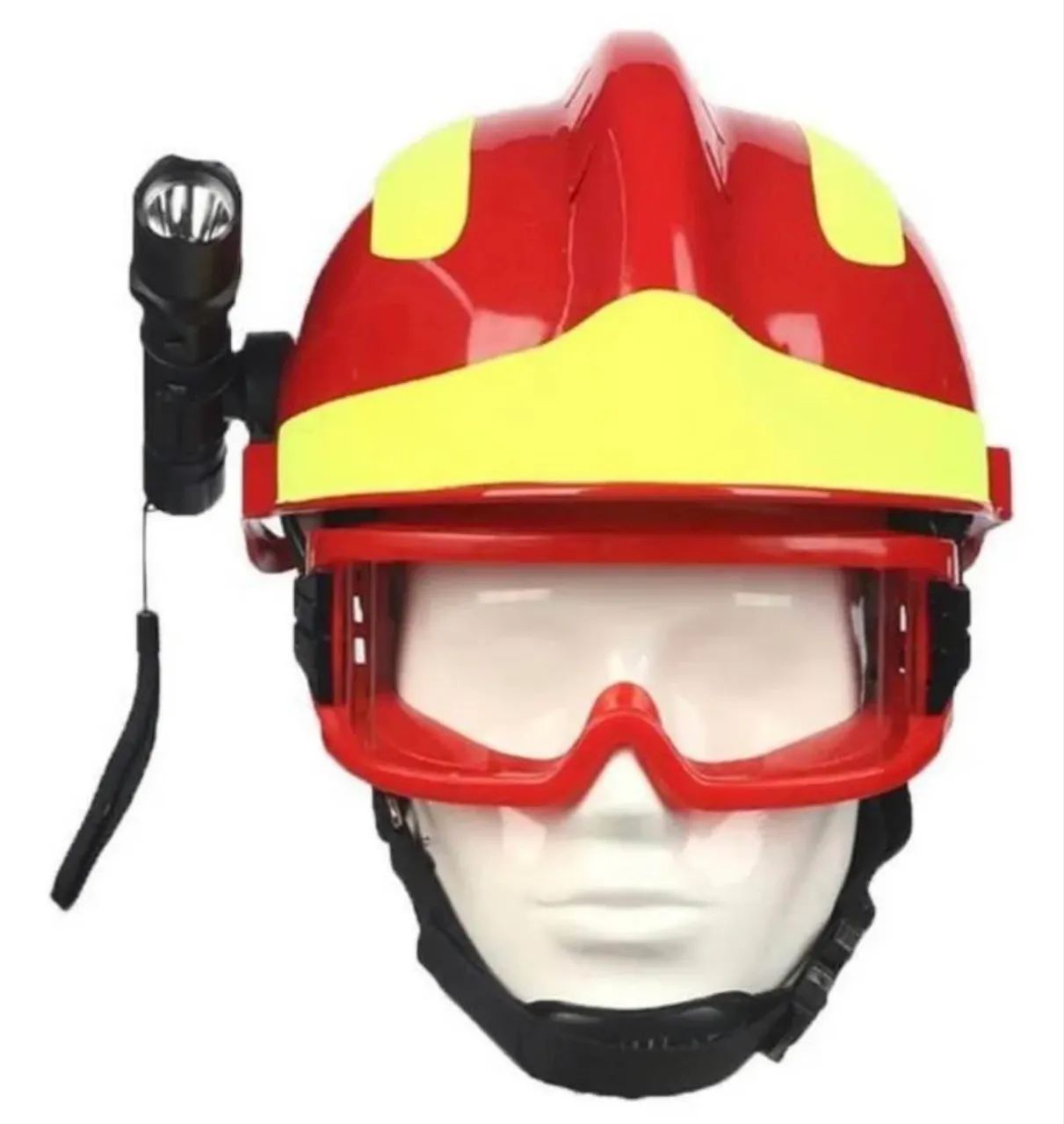 Capacete de bombeiro com óculos de proteção e lanterna