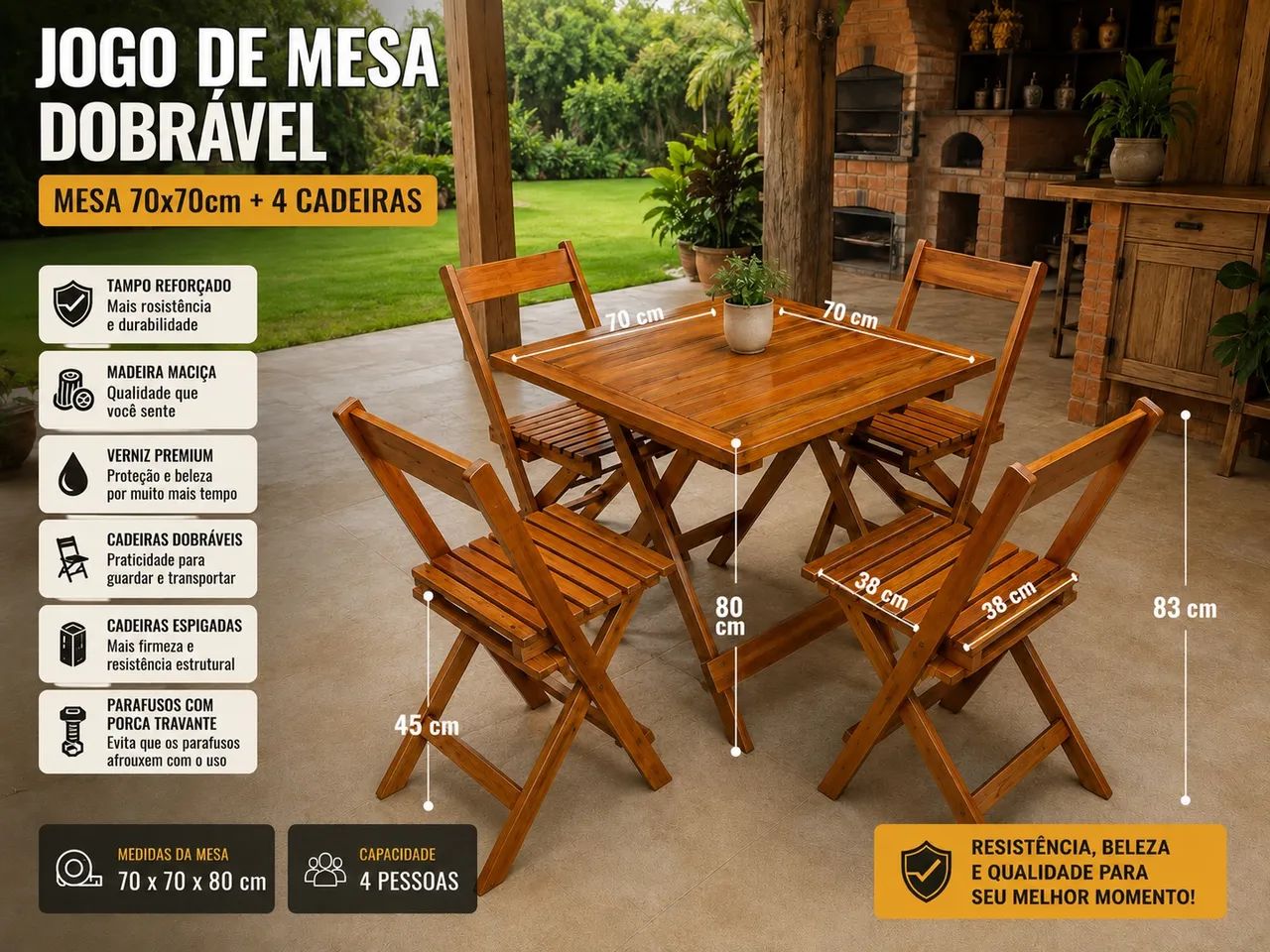 Jogo de mesa dobrável 70x70