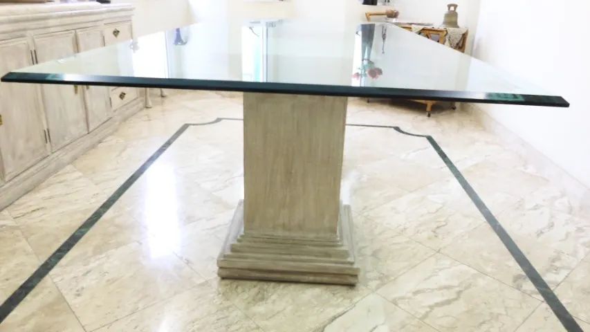 MESA JANTAR RETANGULAR TAMPO VIDRO, PÉS MADEIRA PÁTINA (10 lugares)