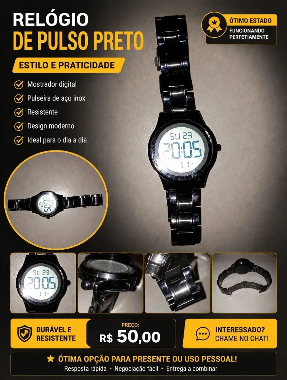 Relógio De Pulso Preto  Aço Inox - Ótimo Estado - R$ 50 - Foto 2