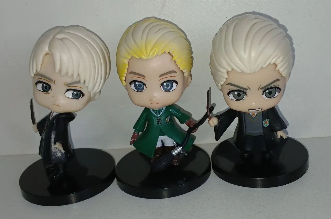 LOTE 3 BONECOS MINIATURAS HARRY POTTER DRACO MALFOY TORNEIO TRIBRUXO INCLINADO COLADO BASE