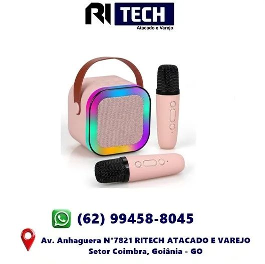 Caixinha de Som 2 Microfone Karaokê Portátil Infantil com Caixa de Som Bluetooth LED