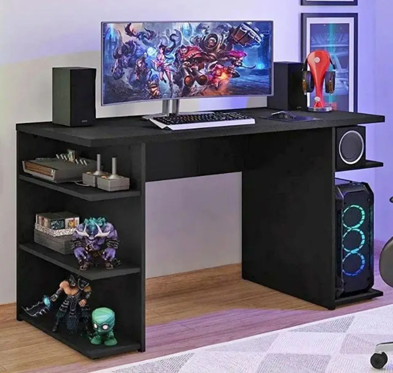 Mesa Gamer Gamer com Prateleiras e Suporte para PC