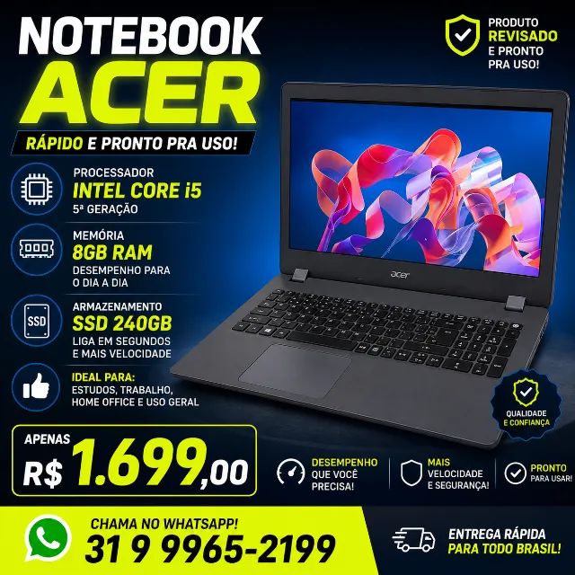 Notebook Acer i5 8GB SSD 240GB Super Rápido | Pronto Uso