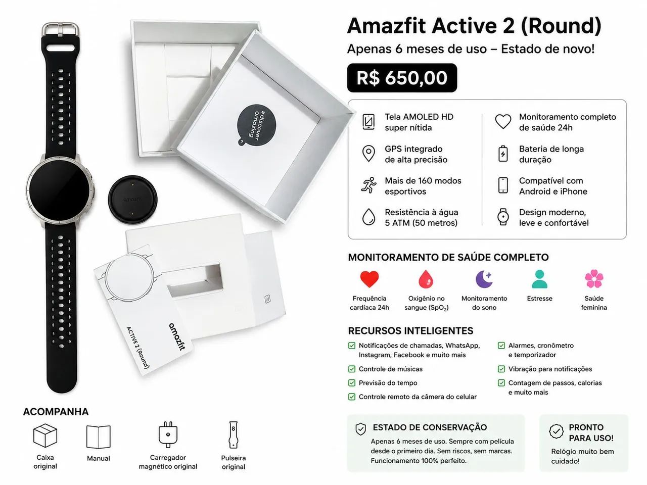 Relógio amazfit active 2 semi novo 