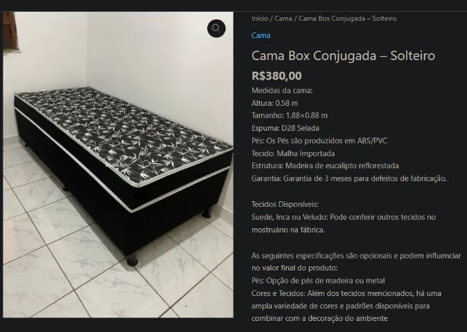 Cama Box Conjugada - Solteiro R$380,00  Medidas da cama: Altura: 0.58 m Tamanho: 1.88×0.88