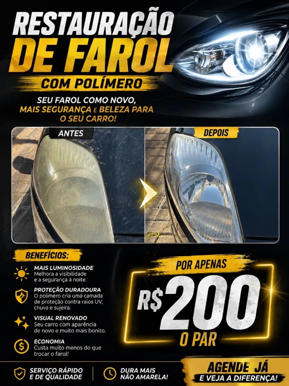 Restauração de faróis com Polímero R$200 o par! 
