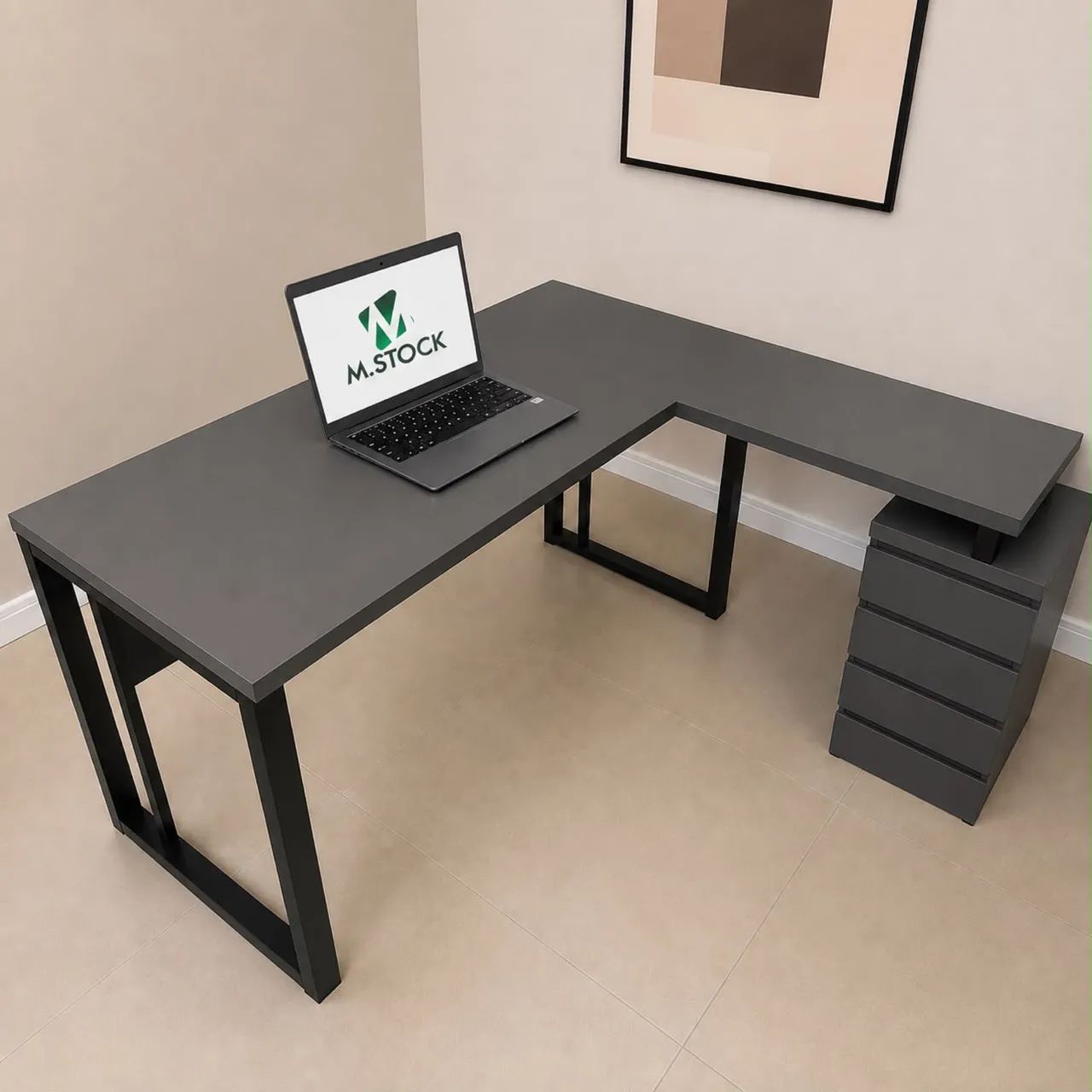 Mesa com gaveteiro tipo estação de trabalho em L 