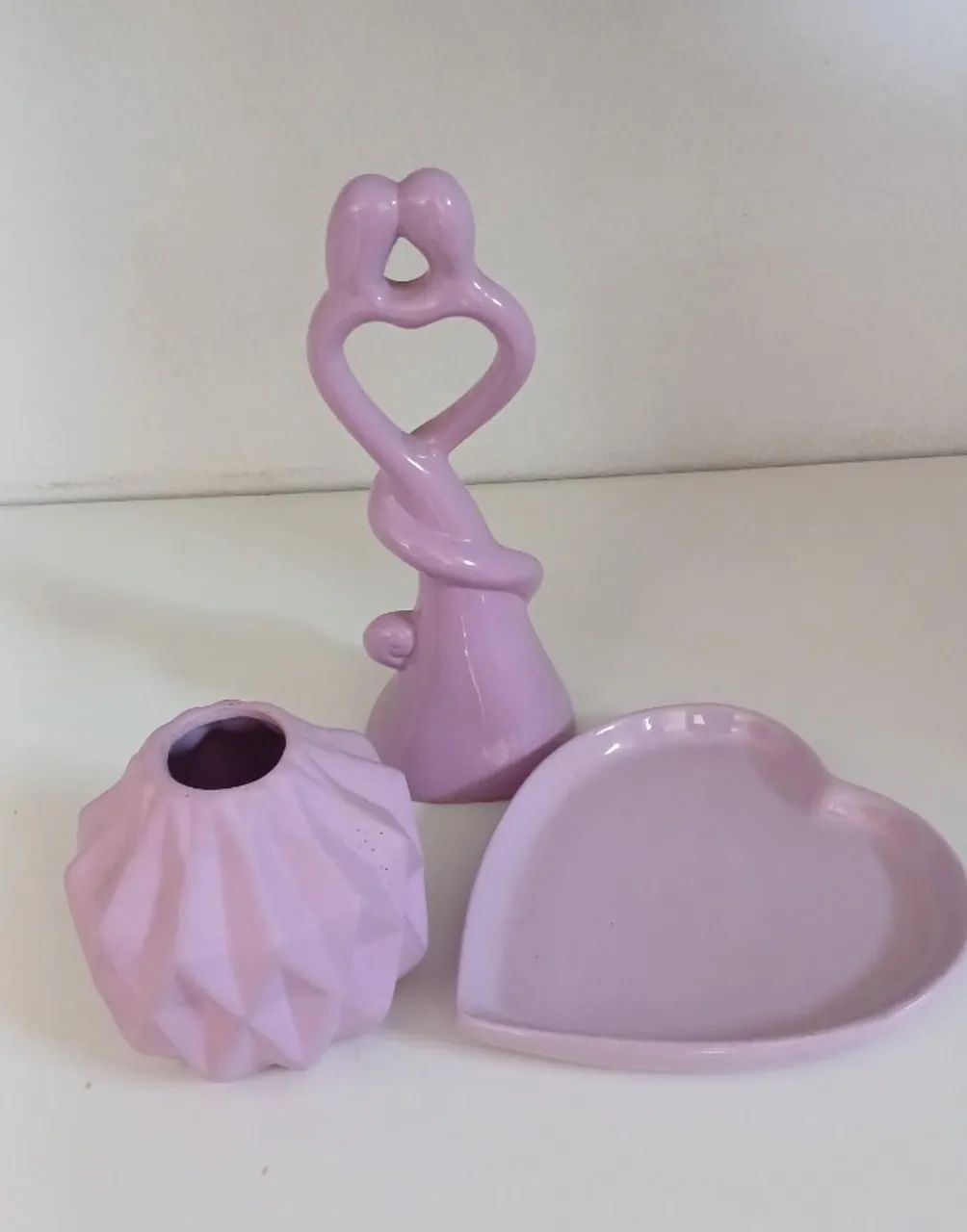 Kit 3 Peças Decorativas Rosa - Coração e Vaso