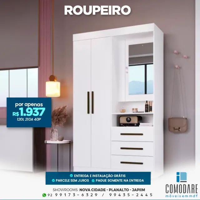 Roupeiro com Espelho, Nichos e 3 Gavetas - R$ 1.937
