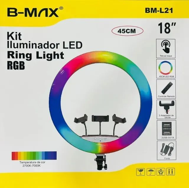 Ring Light RGB 18 Polegadas com Controle Remoto e 3 Suportes para Celular