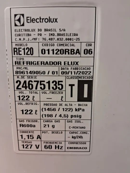 Eletrolux Refrigerador ELUX 122LITROS 127 V