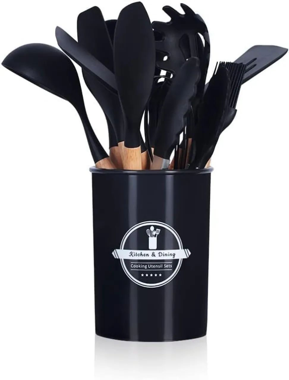 kit utensílios cozinha 12 peças silicone cabo madeira PRETO 