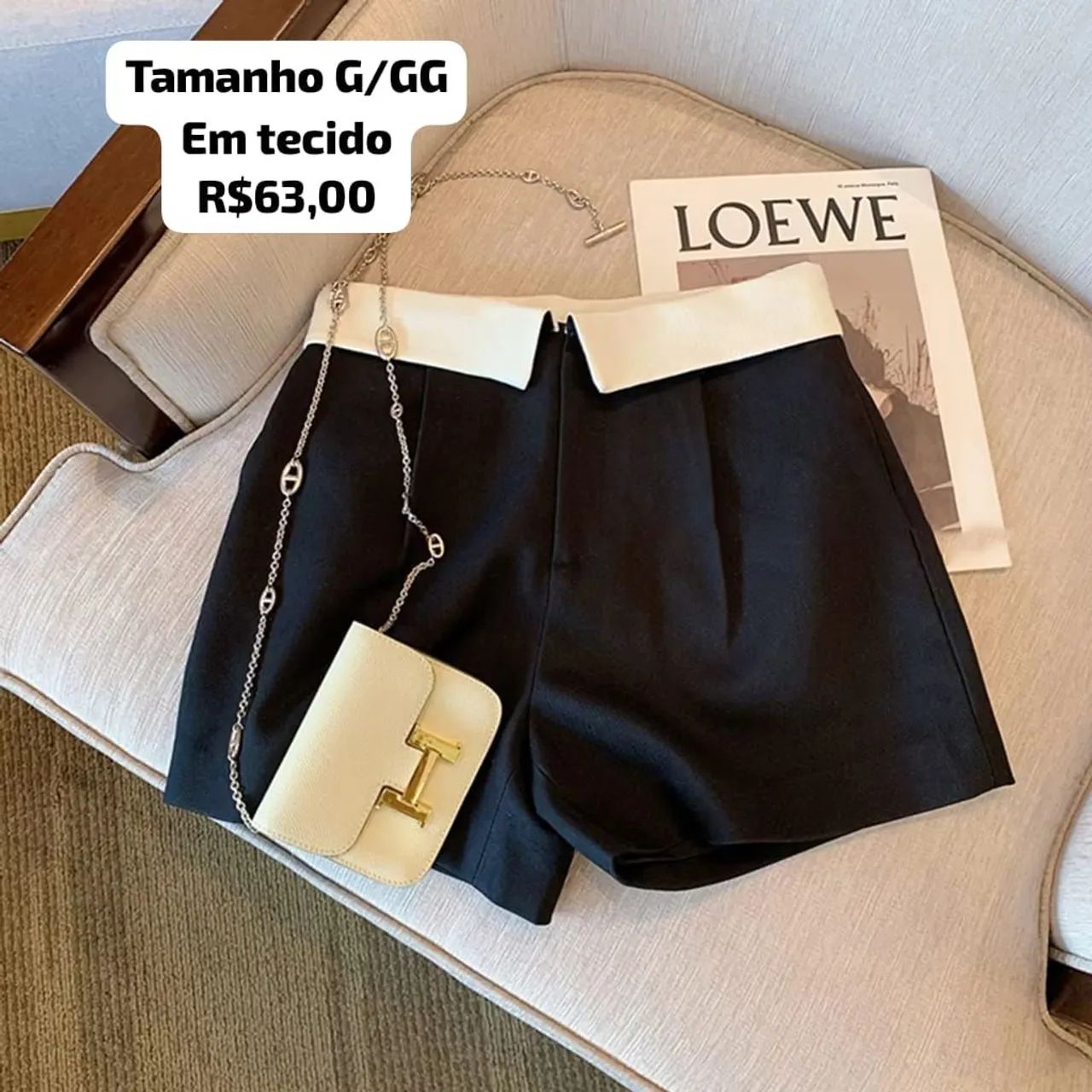 Shorts de tecido preto com detalhes branco - Foto 5