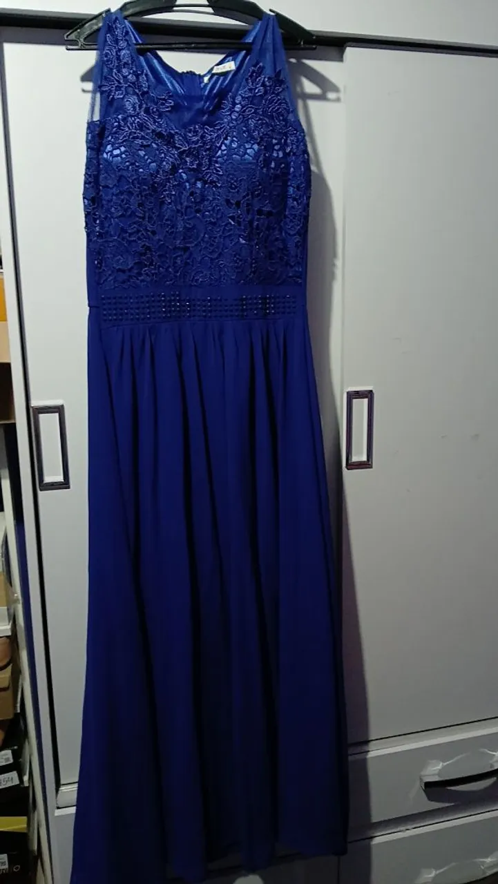 Vestido Longo Azul Royal Renda Bordado