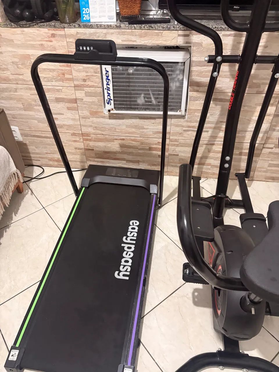 Esteira, bicicleta com elíptico, elásticos, peso, tapete acolchoado