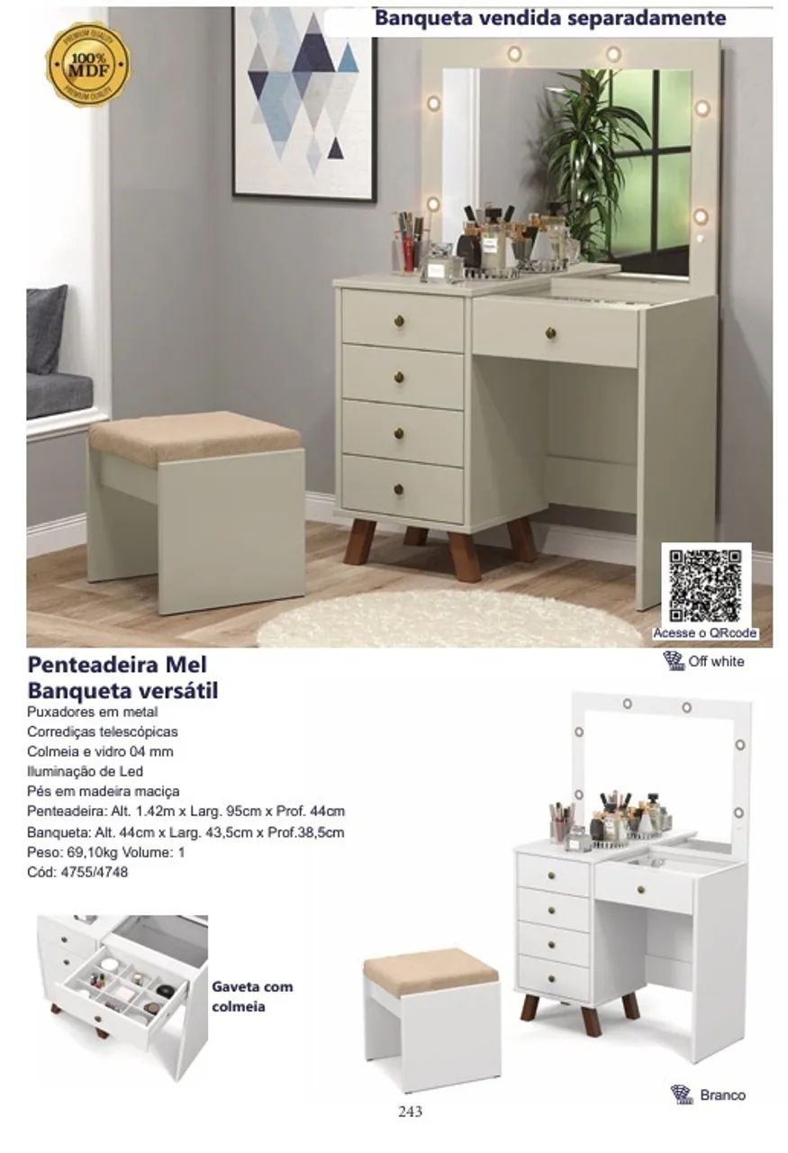 Penteadeira Mel e banqueta versátil $1.399,00