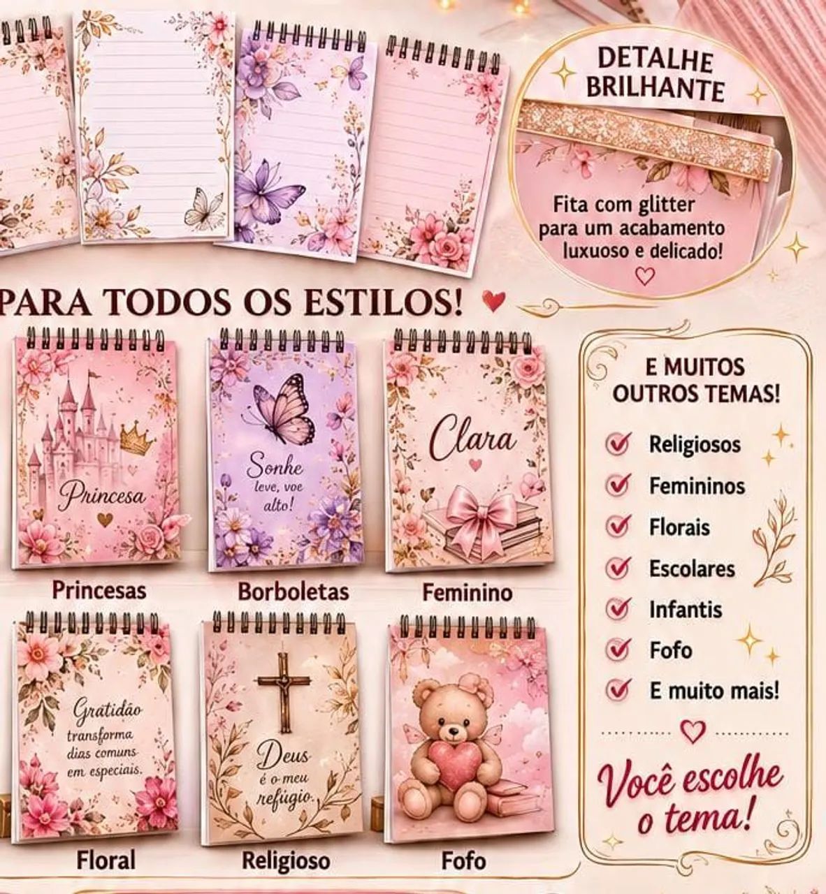 Bloco de notas com folhas decoradas com SEU tema