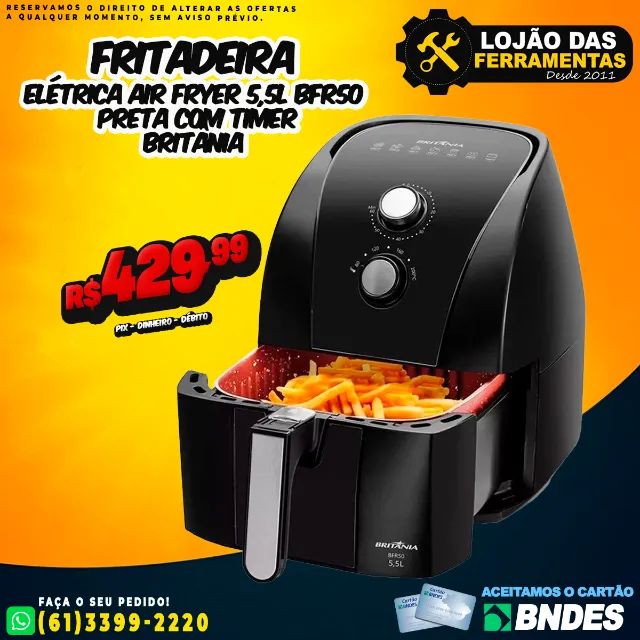  Air Fryer Fritadeira Elétrica 5,5L BFR50 Preta com Timer Britânia
