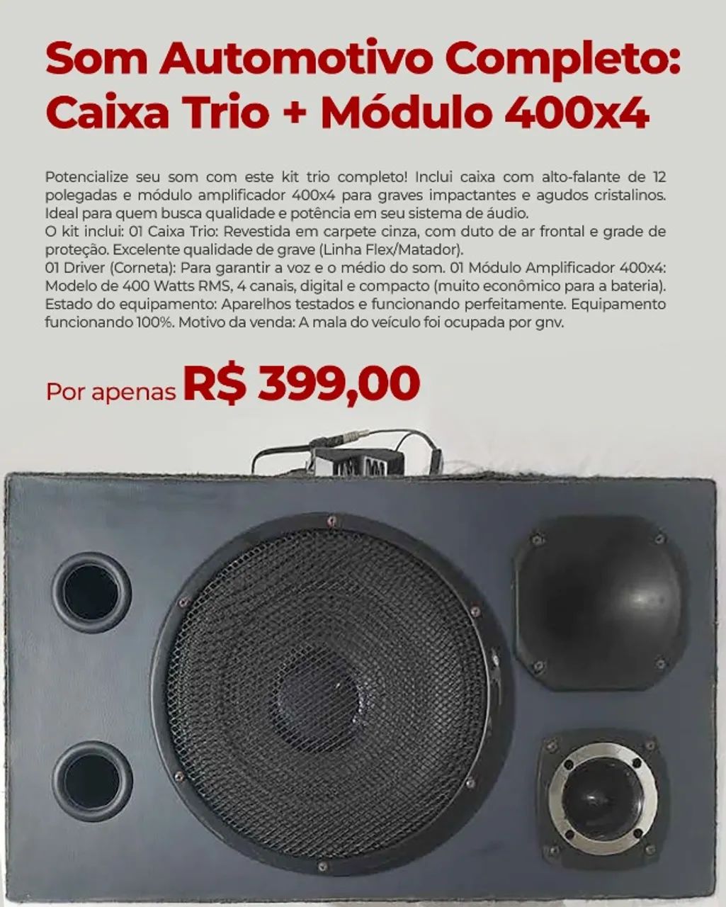 Som Automotivo Completo: Caixa Trio + Módulo Amplificador 400x4