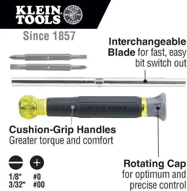 KLEIN TOOLS - Chave de Fenda Eletrônica Multi-Bits 4 em 1, Pontas Phillips e Fenda - NOVO.