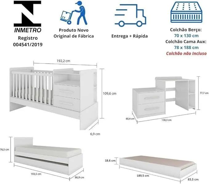 Berço Multifuncional Vini com Cama Auxiliar Peroba Branco 100% mdf - Foto 6