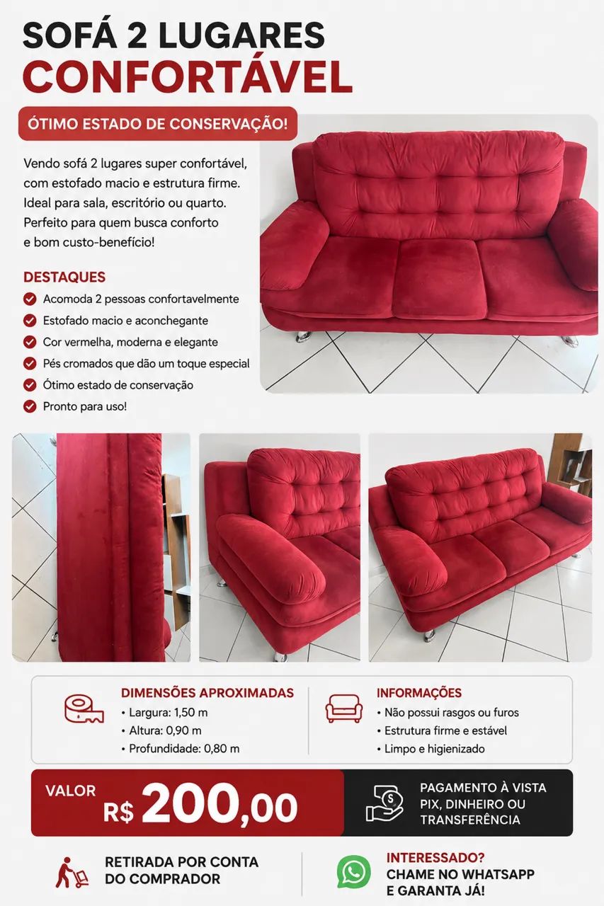 Sofá 2 Lugares Vermelho - Confortável 