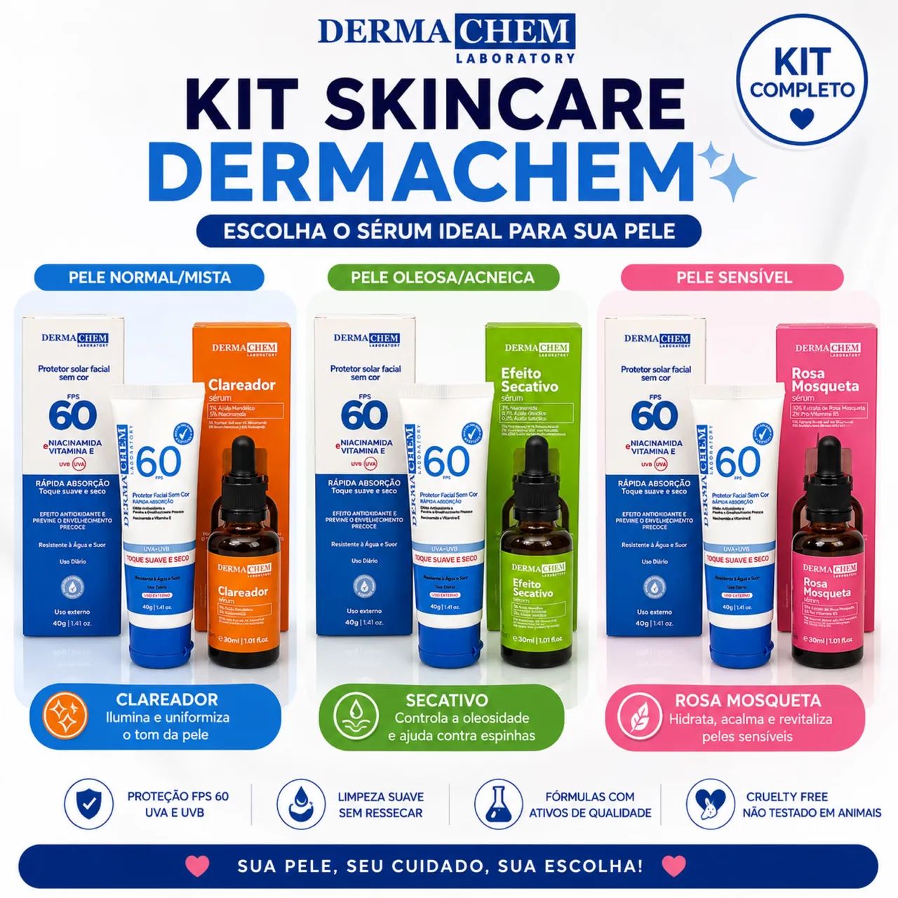 Kit Skincare Dermachem com Espuma + Protetor Solar FPS 60 + Sérum à Escolha - Foto 2