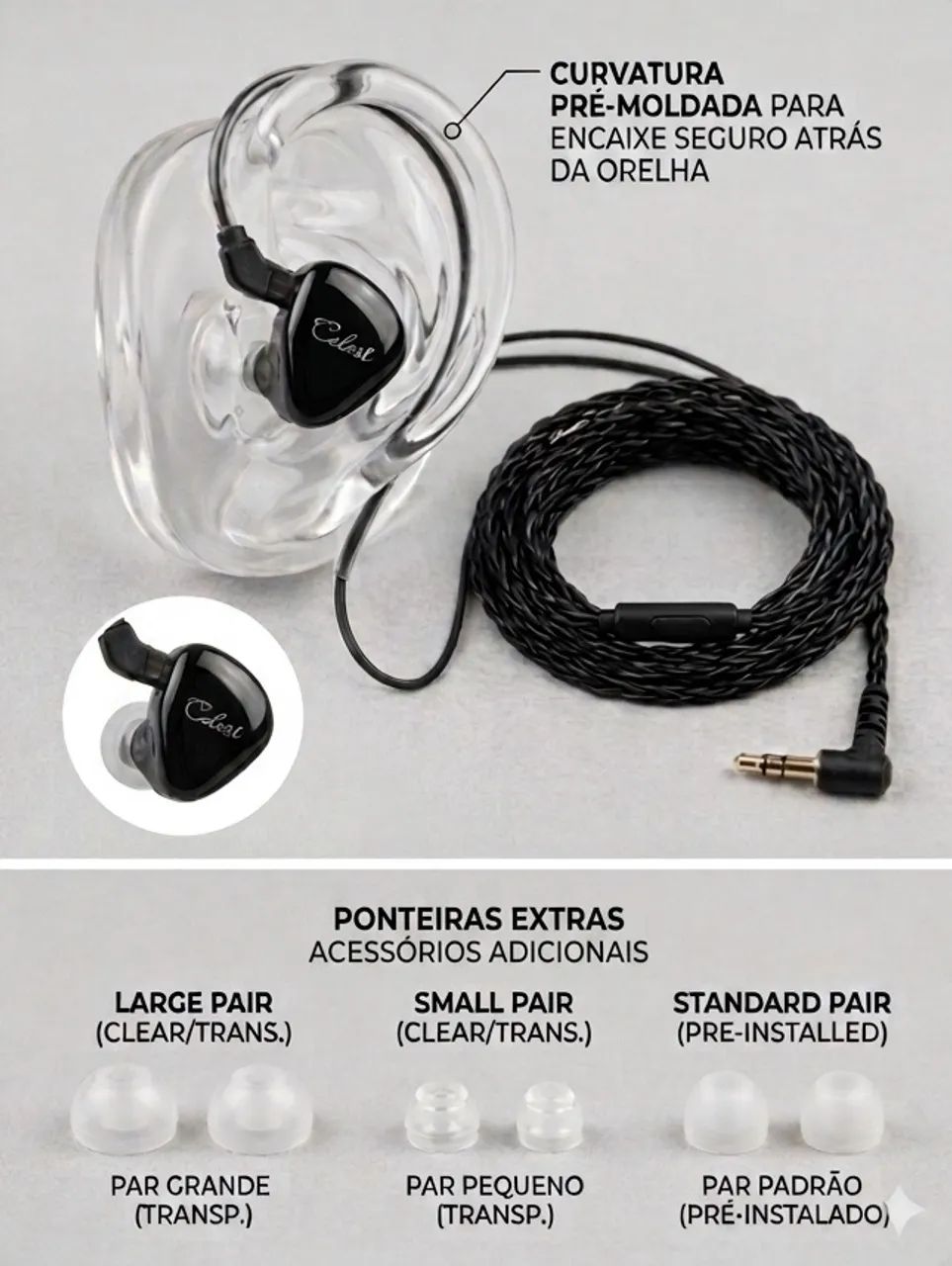 Fone Celest Original - Cabo Destacável - Kit Completo com Borrachinhas