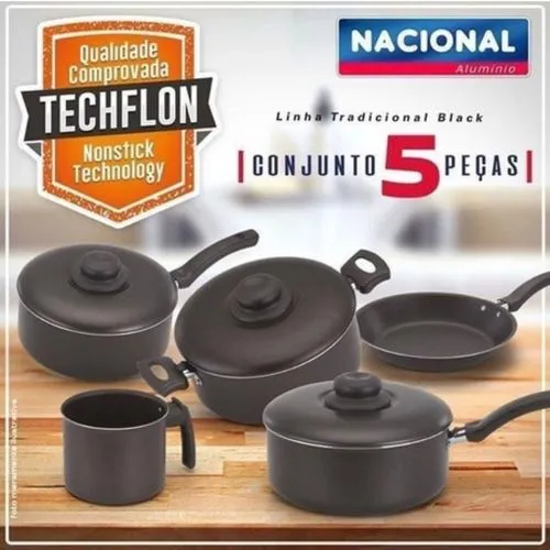 Conjunto de Panelas Nacional Techflon 5 Peças - Novo