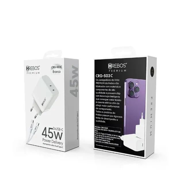 Carregador Hrebos Premium - NOVO, 2 entradas USB-C para USB-C, 45W, com Cabo