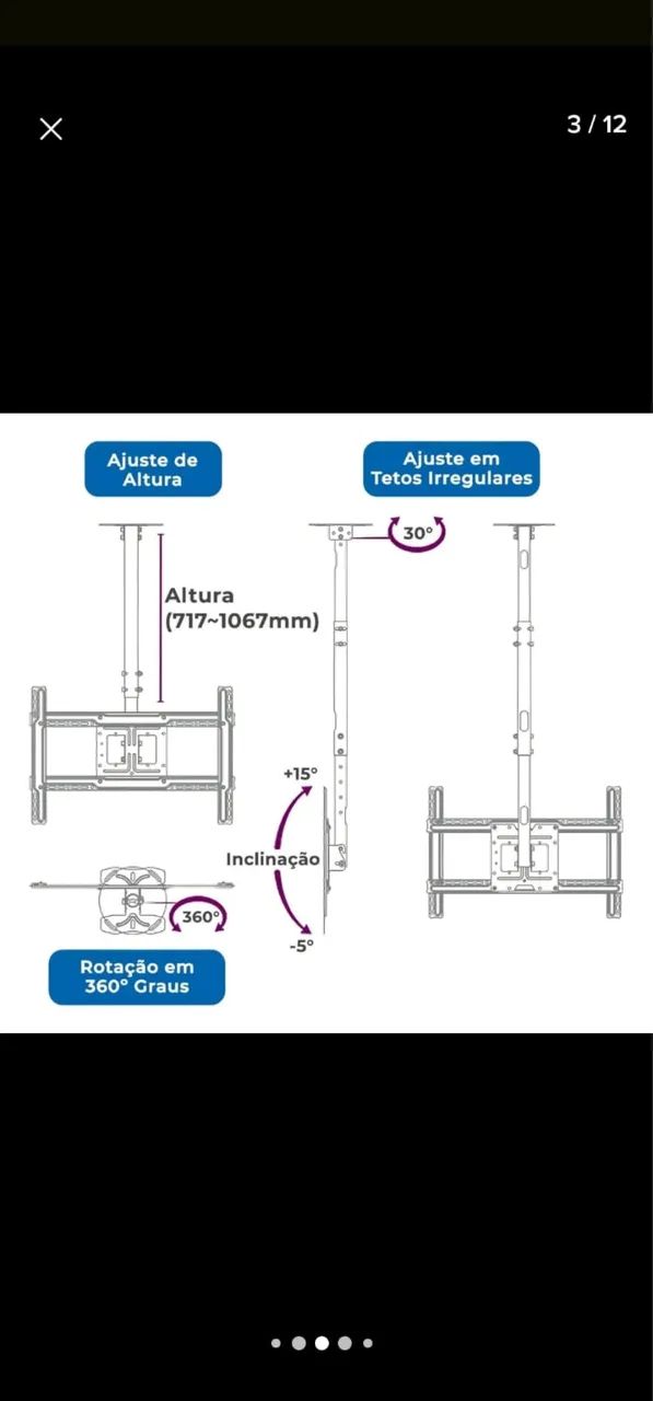 Suporte de Teto para Tv que gira 360  tv até 75 polegadas marca Aquário Preto - Foto 4