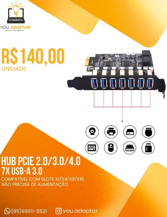 Adaptador Pcie Express P/ Placa mãe Hub 7x Usb 3.0 Para Desktop/Pc/Computado