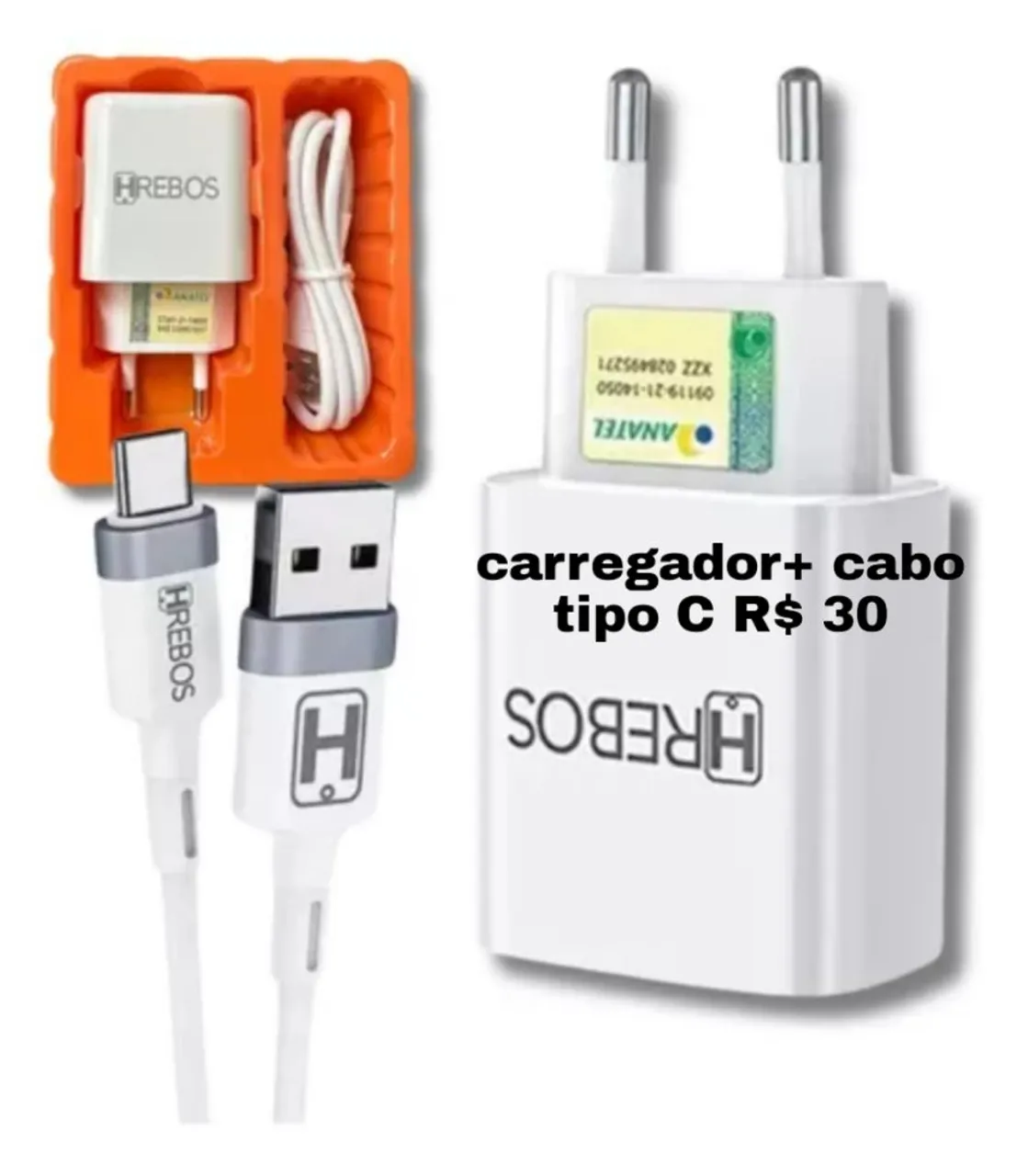 Kit Carregador + Cabo Tipo C Hrebos R$ 30