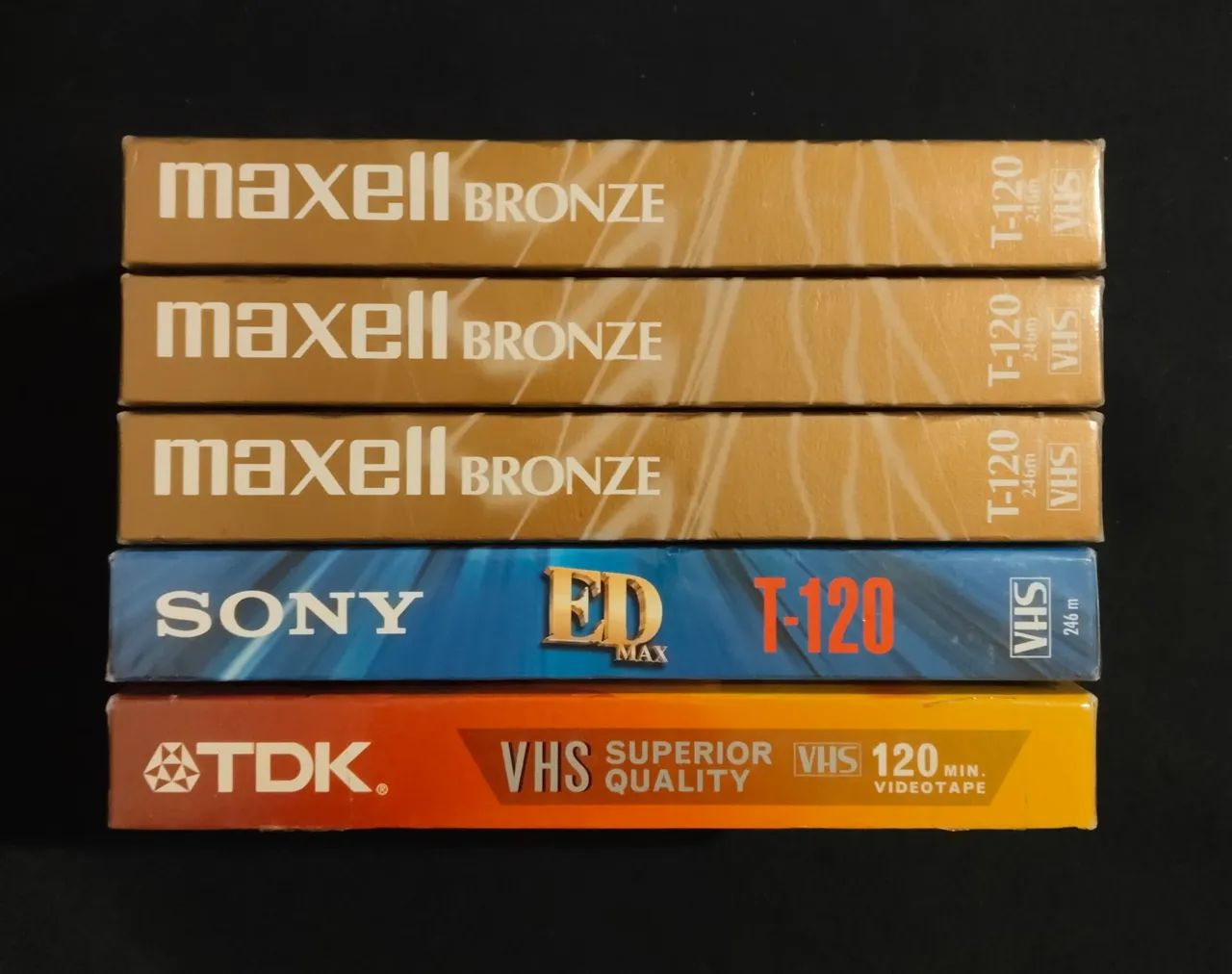 Kit com 5 Fitas VHS Virgens Lacradas - TDK, Maxell e Sony T-120