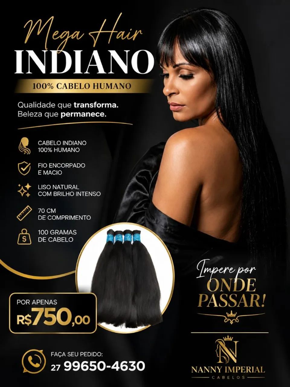 Cabelo Indiano Liso, 100 gr, 70 cm - Qualidade Premium