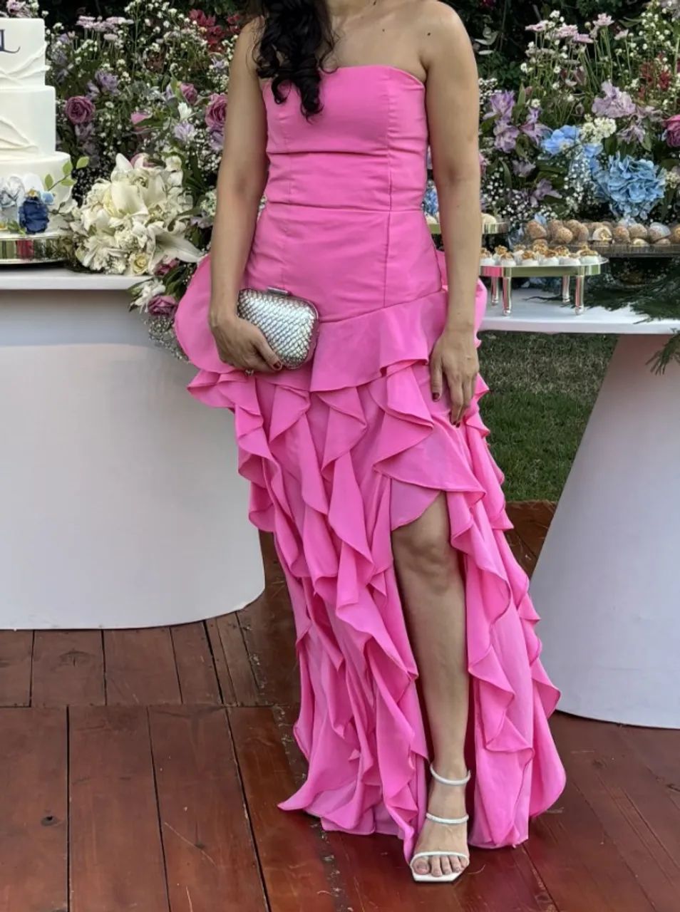 vestido longo tomara que caia rosa com babados 36 - Foto 2