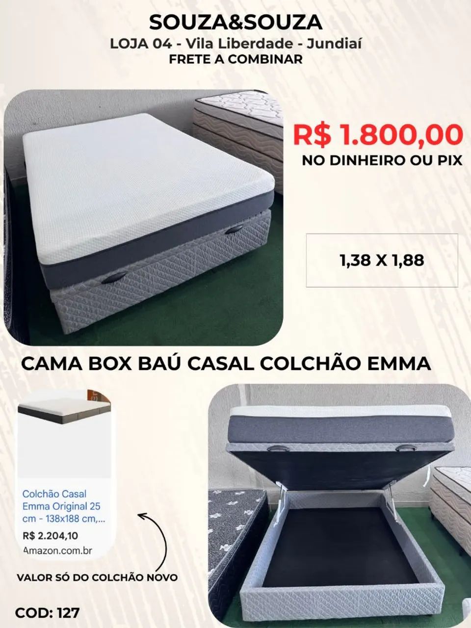 Cama Box Baú Casal com Colchão Emma
