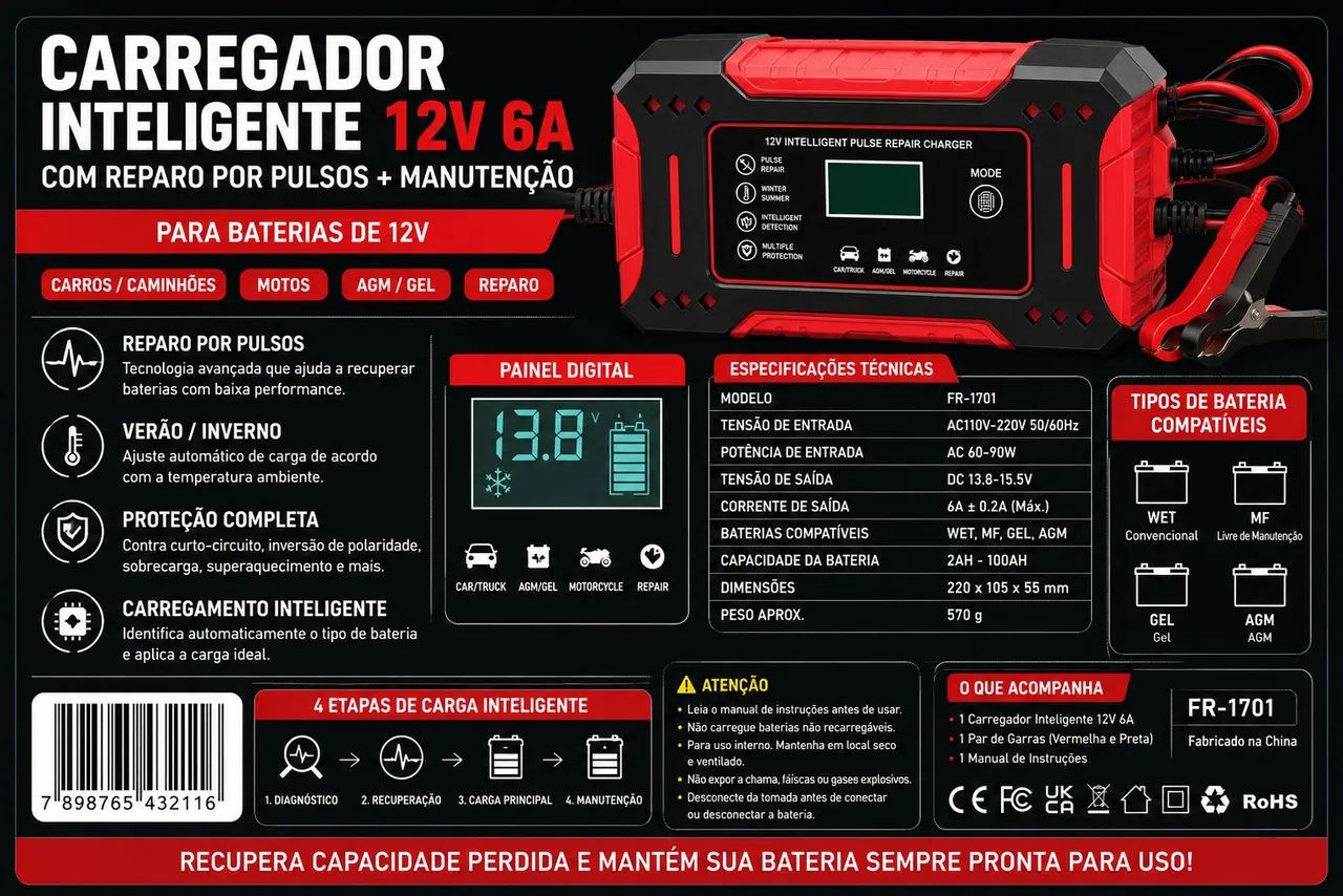 Carregador Inteligente de Bateria 12V 6A com Função Reparo | Carro, Moto e Caminhão - Foto 2