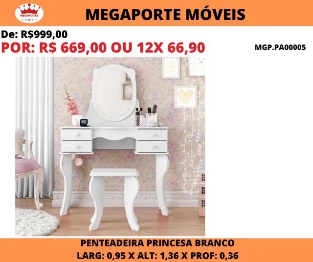 Penteadeira Princesa MDF com Banqueta - Foto 2