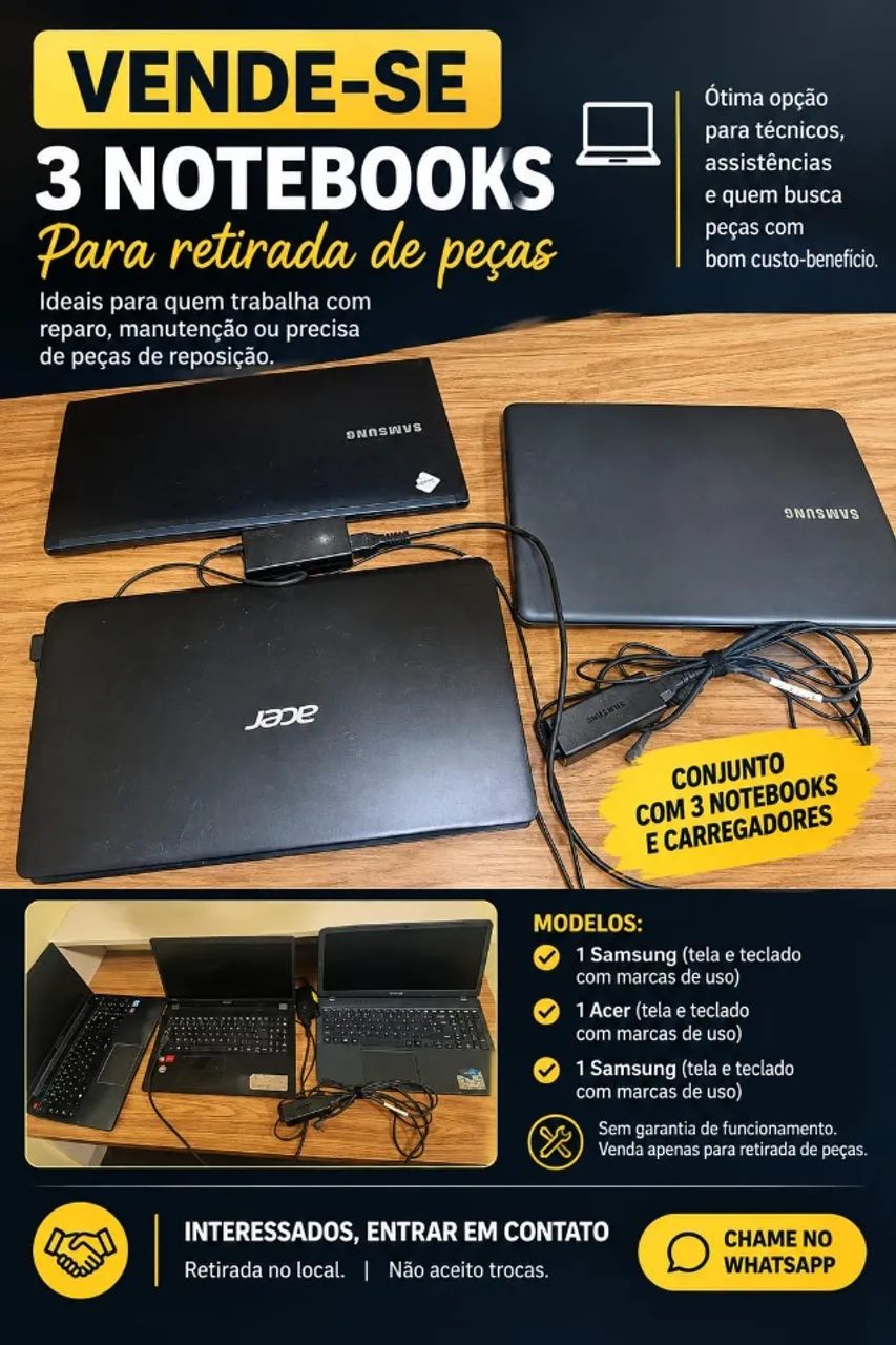 VENDEM-SE 3 NOTEBOOKS PARA RETIRADA DE PEÇAS.