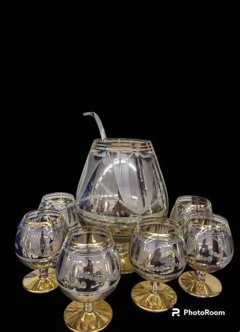 Jogo de Poncheira de cristal lapidado espelhado c/ 6 taças