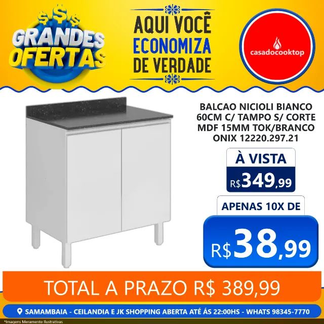 Balcão nicioli bianco 60cm c/ tampo s/ corte mdf 15mm tok/branco onix 12220.297.21