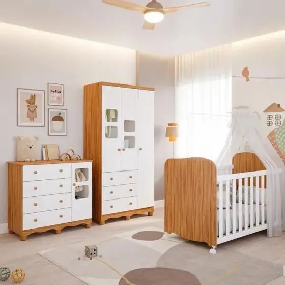 Quarto Infantil Uli 100% MDF (Roupeiro 3 Portas + Comoda + Berço Americano)