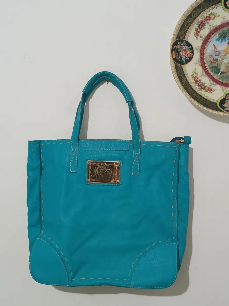 Bolsa de couro azul Saad com detalhes em costura